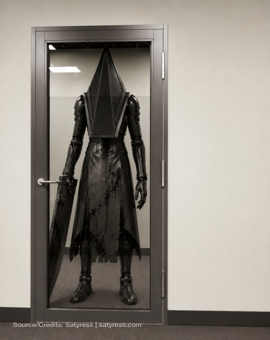 Pyramid-headed armored robot with a great blade behind a glass door