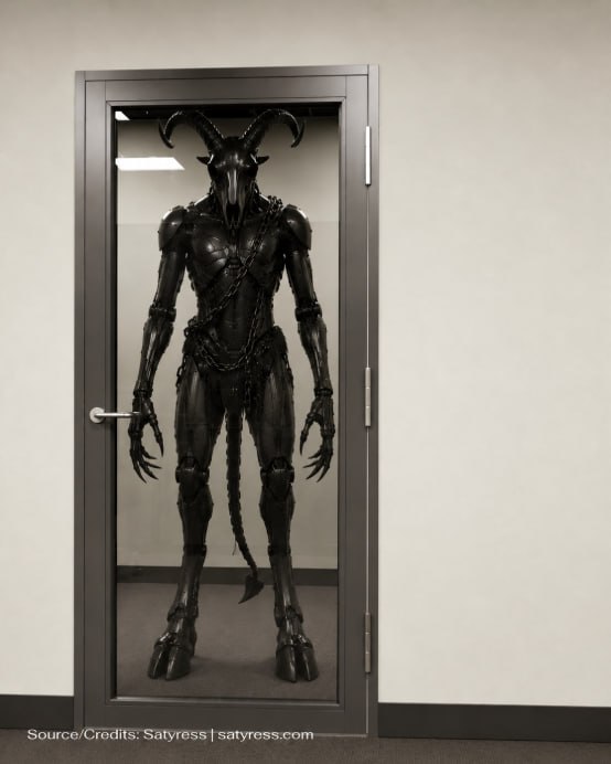Horned goat-skulled robot with chains behind a glass door