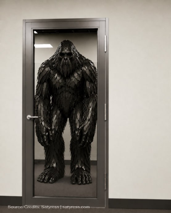 Large shaggy bipedal robot behind a glass door