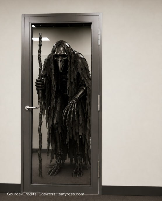 Robotic reaper with a beaked skull and staff behind a glass door