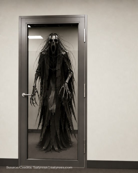 Tattered screaming wraith robot behind a glass door