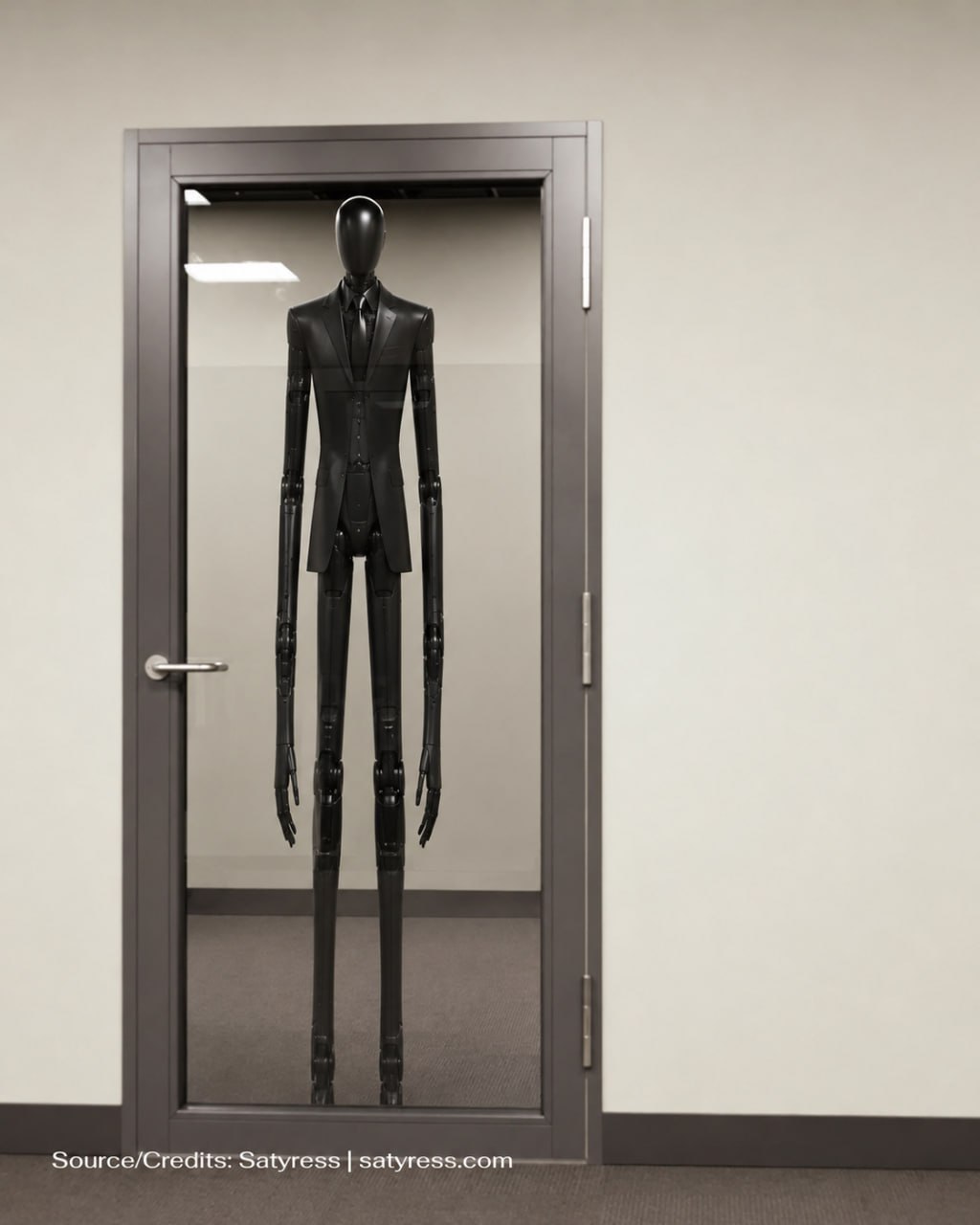 Very tall faceless robot in a black suit behind a glass door