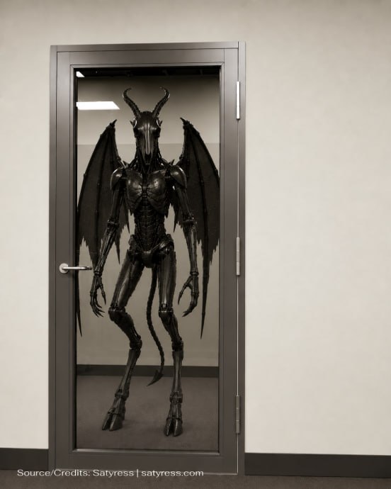 Winged horned robot behind a glass door