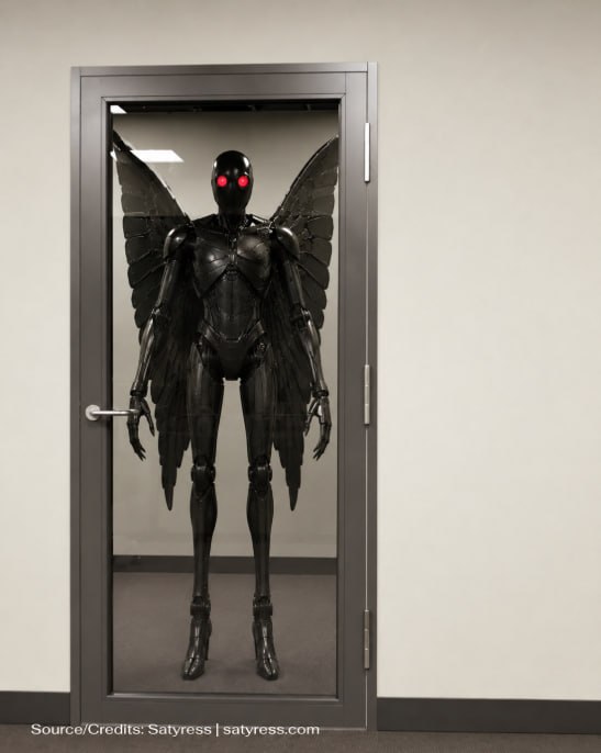 Winged robot with glowing red eyes behind a glass door