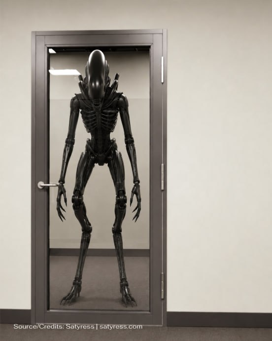 Elongated black exosuit robot behind a glass door